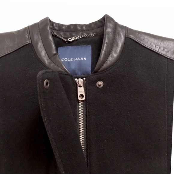 COLE HAAN Leather & Wool Bomber Jacket Black - Picture 4 of 8